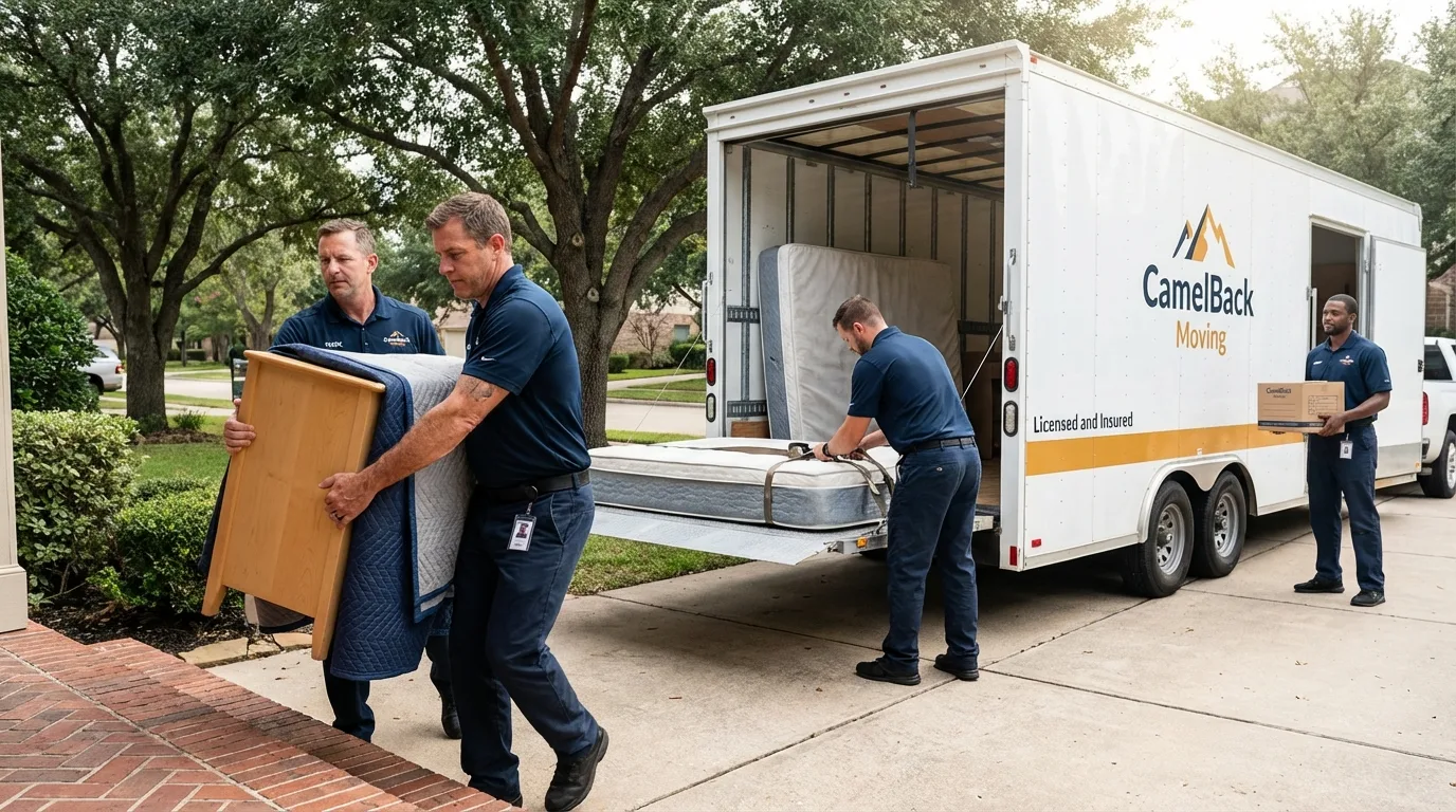 Crew loading residential truck for cross-state move from San Saba, TX