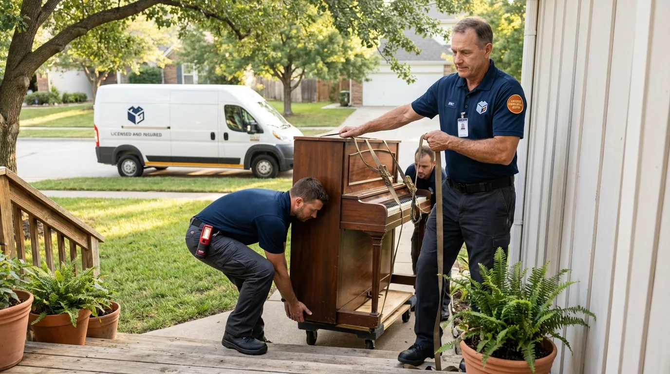 Licensed piano movers securing grand piano in San Saba, TX